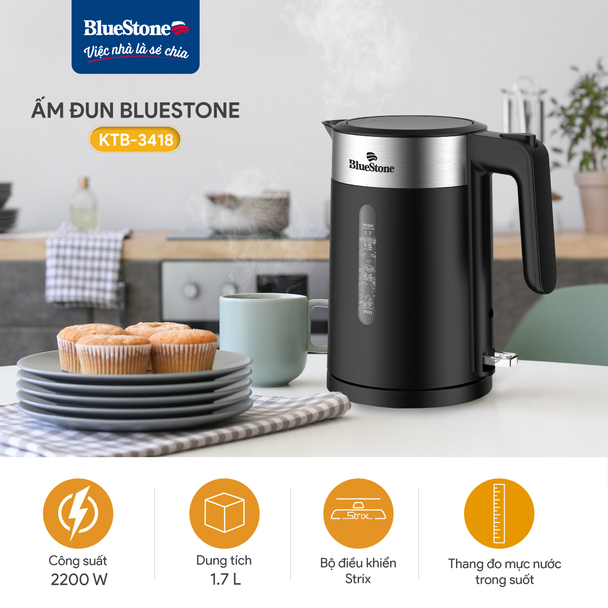 Ấm Đun Siêu Tốc BlueStone KTB-3418 1.7 Lít 1850-2200W