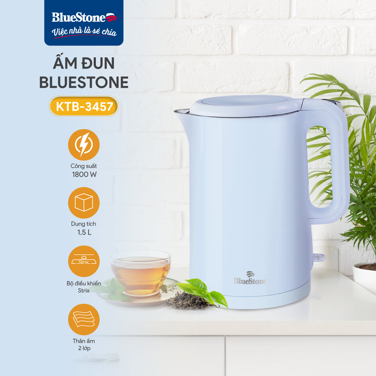 Ấm Đun Siêu Tốc BlueStone KTB-3457 1.5 Lít 1800W