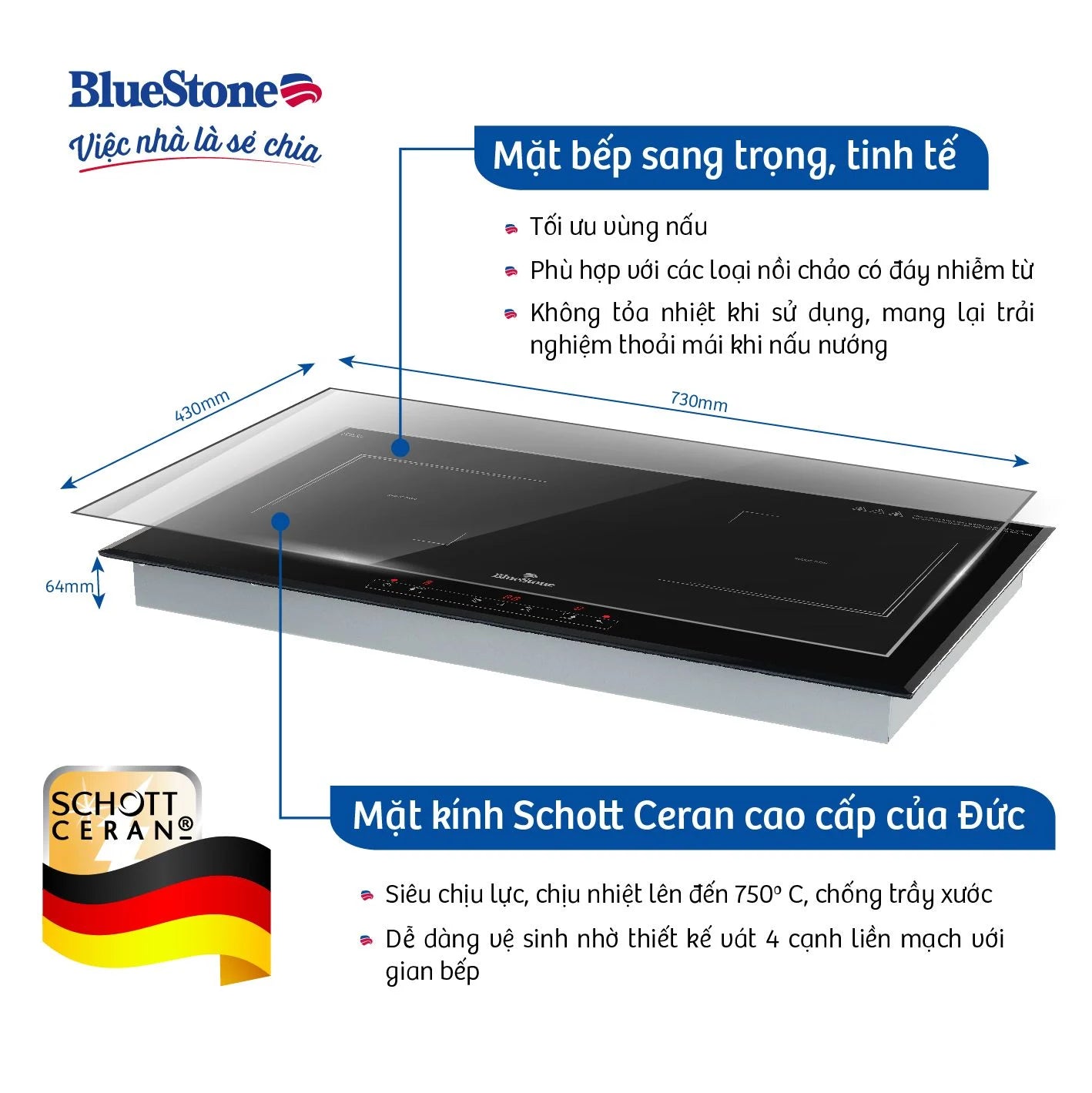 Bếp Từ Đôi BlueStone ICB-6833 4000W - Miễn phí lắp đặt, cắt đá