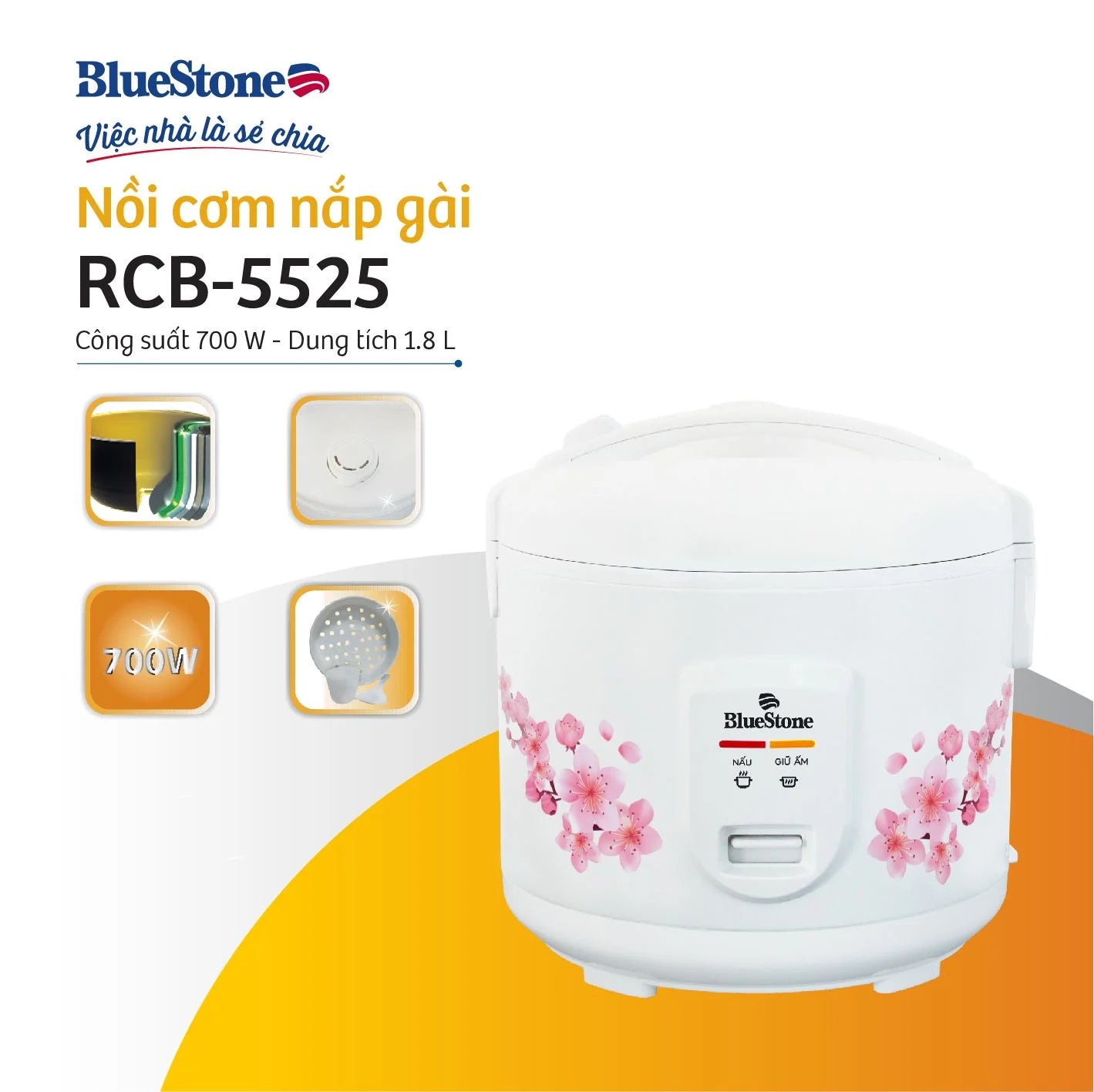 Nồi Cơm Điện Nắp Gài BlueStone RCB-5525 1.8 Lít 700W