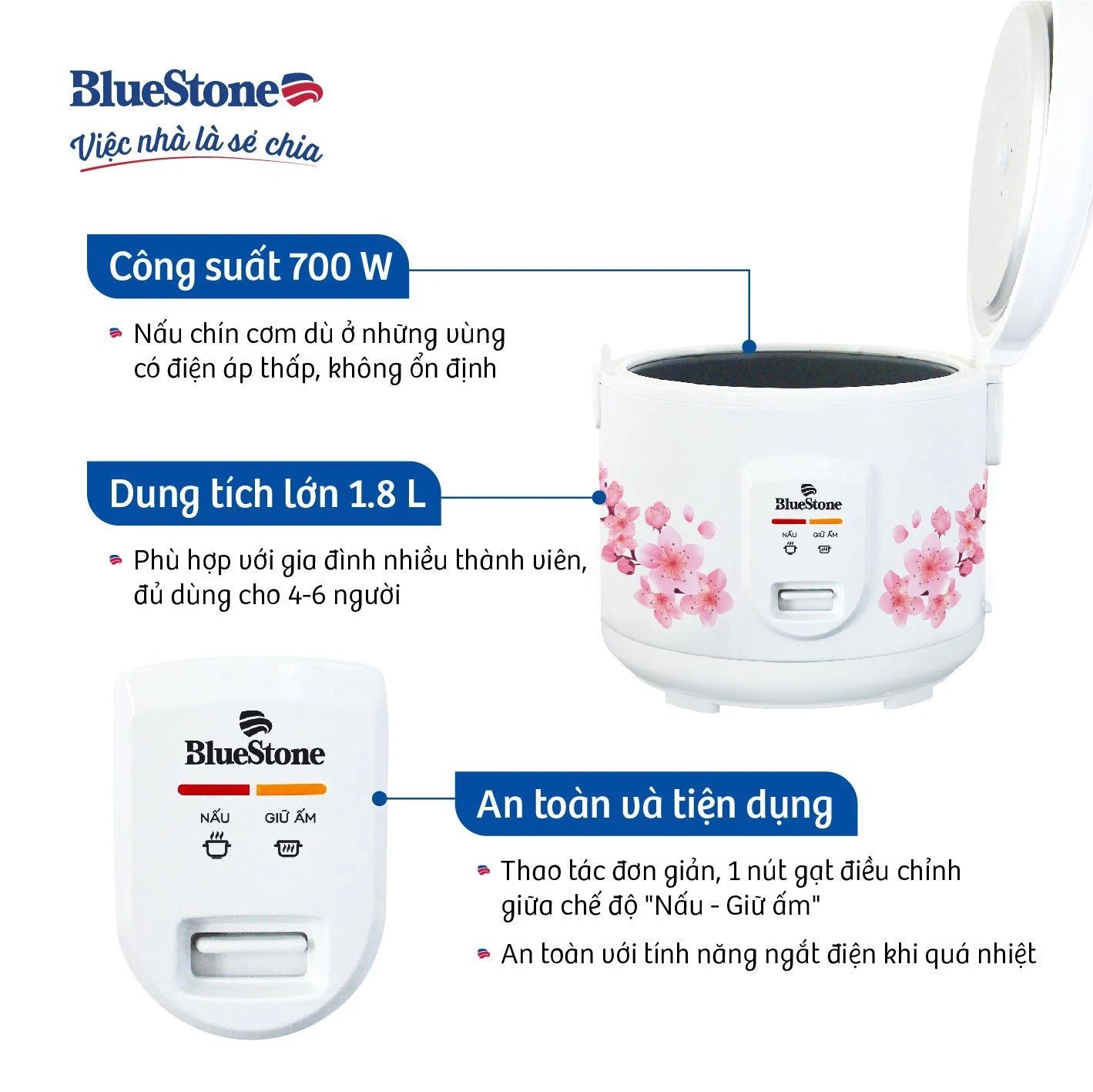 Nồi Cơm Điện Nắp Gài BlueStone RCB-5525 1.8 Lít 700W
